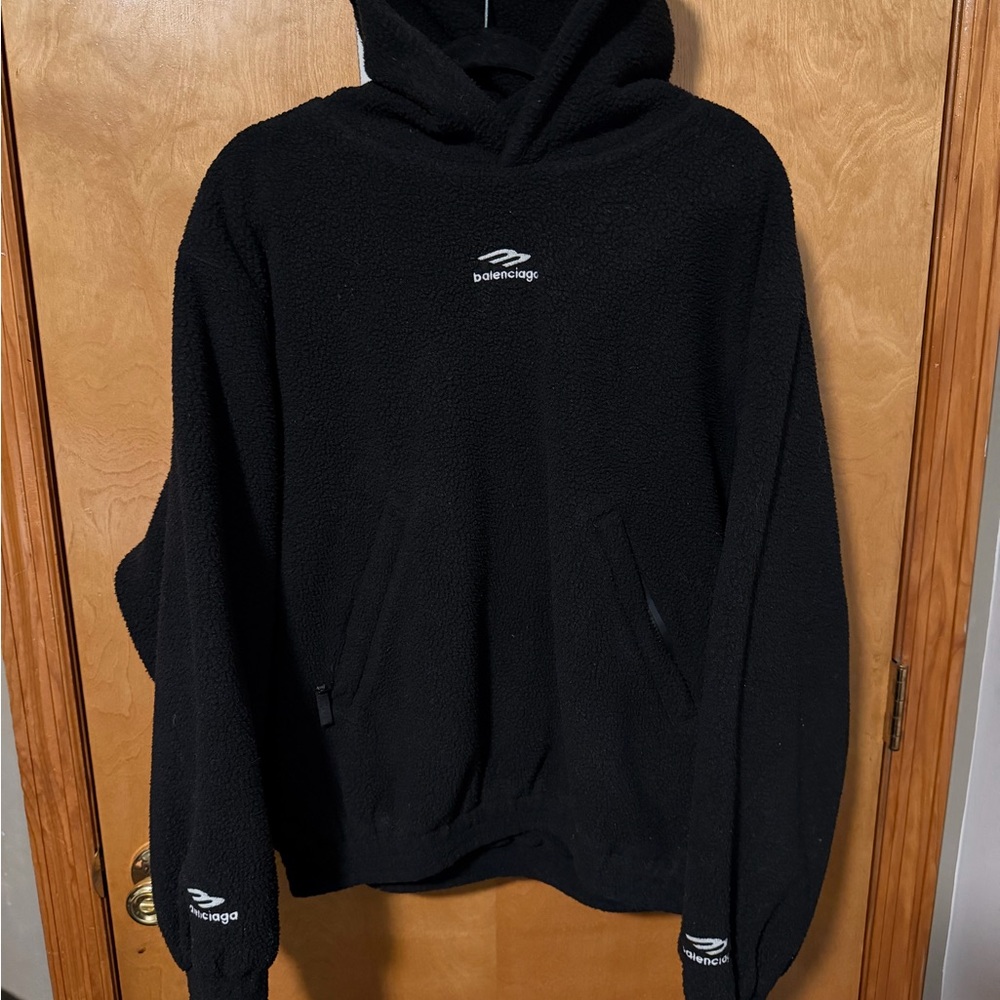 Balenciaga Black Fleece Hoodie with Logo Ski Sherpa Oversized Men Small/Medium